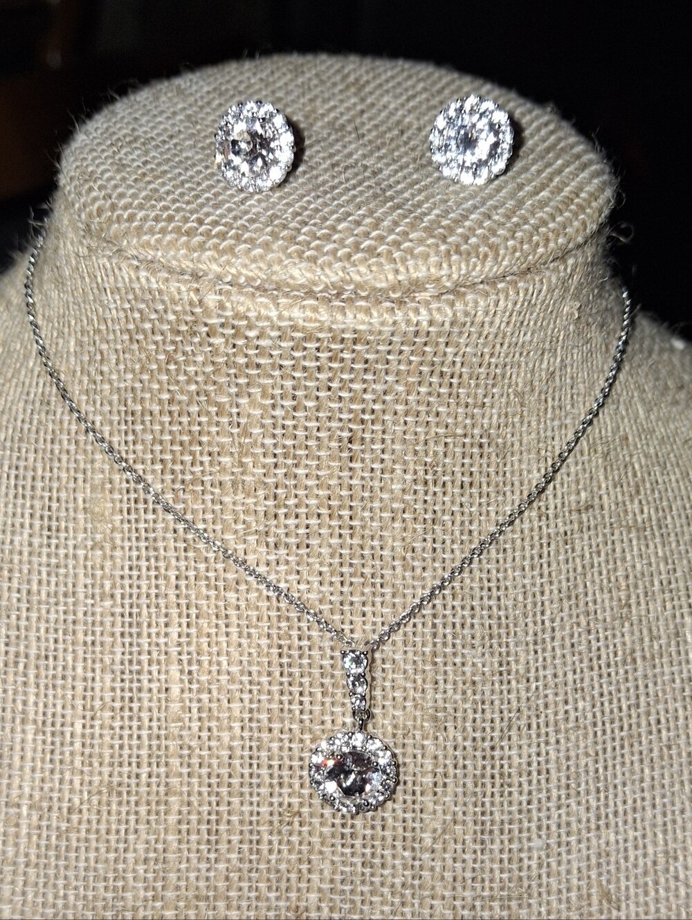 CZ Halo Set Ibb Cn Silvertone Earrings Necklace 18in Signed EUC